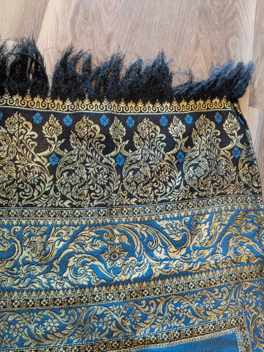 Blue and Gold Ornate Wall Tapestry Runner Thai Silk Elephant Shawl